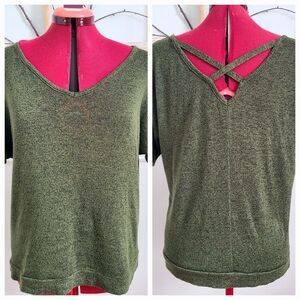 Forest Green Marled Knit V-Neck Short Sleeve Top with Criss-Cross Back - Medium